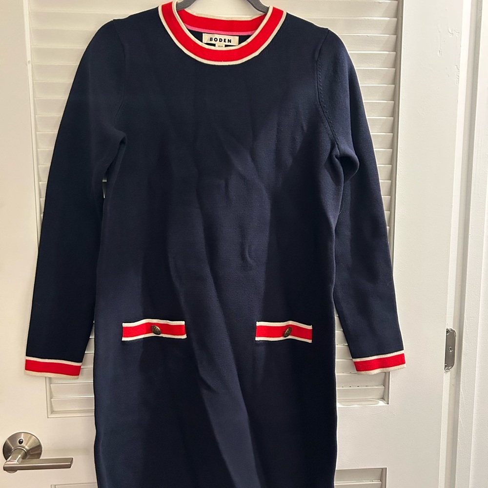 Boden Long Sleeve Navy Dress with Red and White Trim